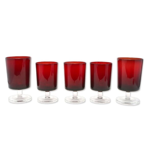 Vintage 70s Cristal D'Arques of France Cavalier Wine Goblets Glasses Ruby Red x5 - Picture 2 of 13